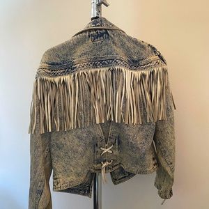 Vintage jean jacket with white leather tassel